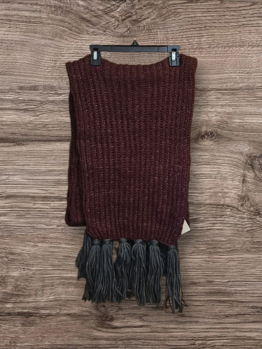 BearPaw Ribbed Knit Scarf with Charcoal Fringe - Wine